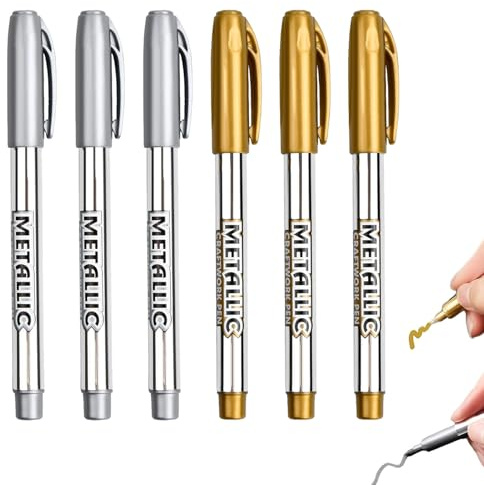 Fwobumy 6 st guld- och silvermetallmarkörer, metallpennor, 1,5 mm, snabbtorkande, glänsande metallpennor för papper, glas, plast, trä, metall, gör-det-själv och dekoration
