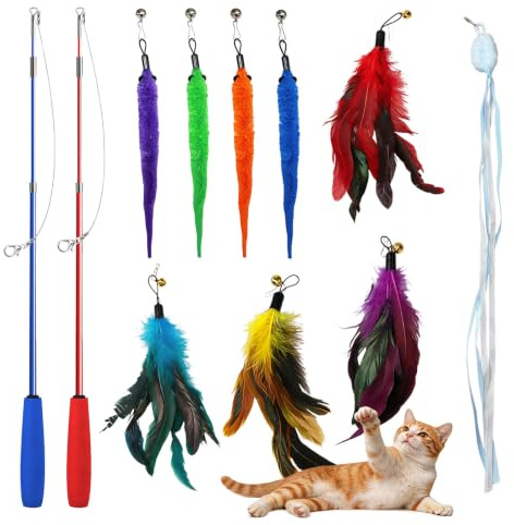 Bestwist Cat Teaser Wand Toys Set, 2 Pcs Interactive Retractable Cat Wands + 9 Pcs Fun Colorful Kitten Replacement Feathers with Bell for Boredom and Exercise (11 Pack)