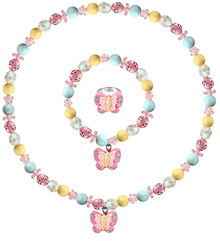 Msnailfly Butterfly Stretch Necklace Little Girl Toddler Necklace Bracelet Set, Little Princess Jewelry Kids Play Necklaces Butterfly Rings for Kids