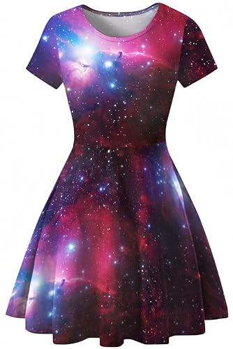 Ocean Plus damer casual stjärnhimmel digitalt tryck A-linje kortärmad klänning med rund hals kortärmad klänning swingkjol, Röd galaxy, L