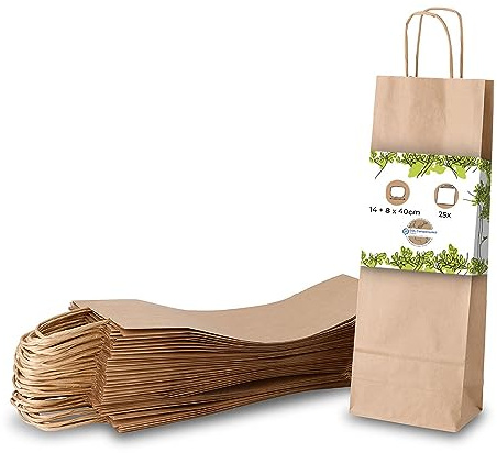 BIOZOYG 25 x flaskpåsar 14 x 8 x 40 cm natur – vinväska presentpåse flaskor – flaskpåsar kraftpapper presentförpackningar vin papperspåsar