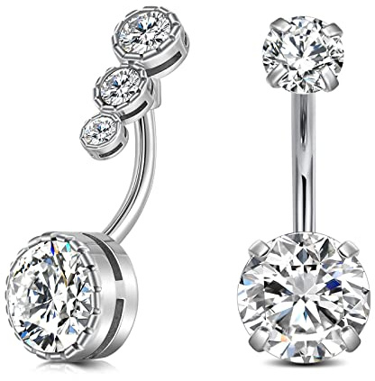incaton 2 Pièces Bagues de Nombril Rond Diamant Cristal Ventre Bagues en Acier Chirurgical 14 Gauge Argent Piercing Bijoux 10mm