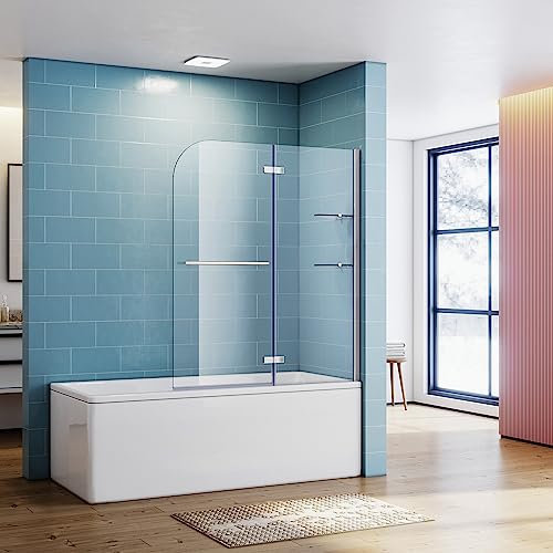 SONNI Parete Vasca da Bagno Doccia 120x140cm, Vetro Trasparente 5mm Con Cassetti e Ripiani in Scciaio Inox, Parete Vasca con Dispositivo Pieghevole