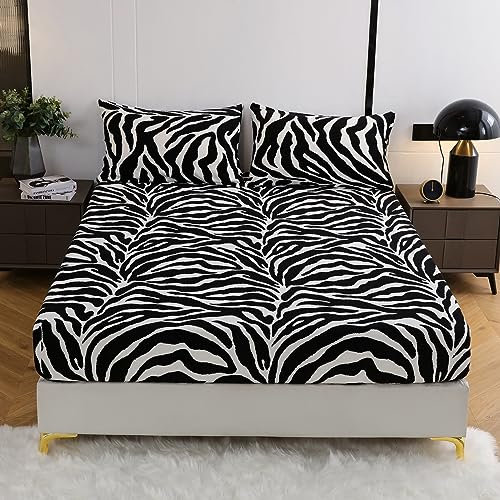 Damier Winter Spannbettlaken 120x200cm Schwarz Weiß Leopardenmuster Flauschig Warm Samt Bettlaken Cashmere Touch Plüsch Spannbetttuch Geeignet für 30cm Matratze