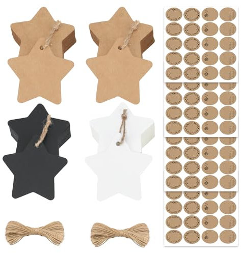 200 Pezzi di Etichette Regalo a Stella, Etichette in Carta Kraft, Etichette Regalo,Tag Regalo, Etichette per Regali Artigianali, con Cavo da 20m e Adesivo Natale 80 Adesivi
