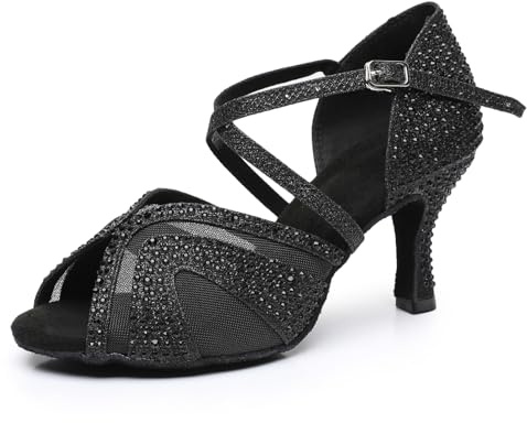 Rosefinch Zapatos de Baile Latino para Mujer Zapatos de Baile de salón Zapatos de Baile con pedrería Fiesta de Boda Negro 7cm Tacón 35EU