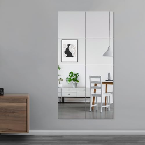 EVENLIVE® Full Body Mirror Tiles, Frameless Length Wall Mirror, for Home Gym, Door, Bedroom, Easy to Install 12 Inch x 8 PCS（Glass）