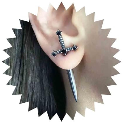 Dervivea Gothic Sword Dagger Drop Earrings - Silver Black Crystal Stud Punk Knife Jewelry With Rhinestone for Women - Halloween Accessory
