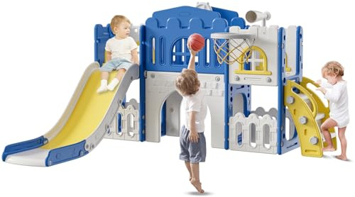 Baotree 9 in 1 Toddler Slide,Kids Slide Playset for Toddler,Indoor Outdoor Slide Toddler Playset with Ball & Hoop, Storage Space and Non-Slip Steps,Gift for Boys and Girls 1-6 Years (Blue Yellow)