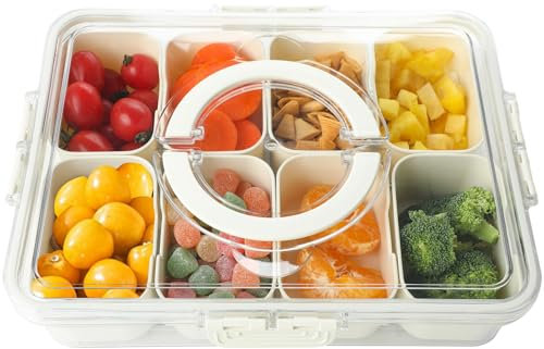 Surflyee Snackschale mit Deckel, Snackteller mit Fächern, 8-fach Unterteilte Snackbox, Snackteller Zur Aufbewahrung von Gewürzen, Süßigkeiten, Gemüse, Obst, Nüssen, Keksen, Desserts