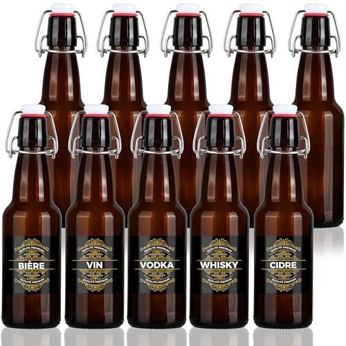 Winter Shore Petites Bouteilles en Verre Ambrées 360 ml avec Étiquettes (Lot de 10) - Bouteille Biere Vide avec Bouchon à Bascule - Bouteille Limonade Avec Bouchon - Bouteilles Kombucha & Soda