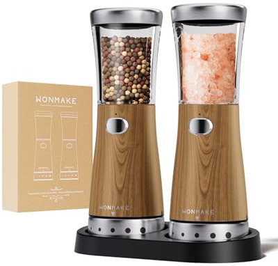 Electric Salt and Pepper Grinder Set with 4.5oz Large Capacity, Stainless Steel Rechargeable Salt and Pepper Grinder Set, Adjustable Coarseness, with Storage Base,Dark Wood Grain