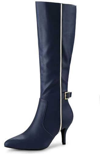 Allegra K Women's Buckle Decor Stiletto Heel Knee High Boots Navy Blue 5 UK/Label Size 7 US