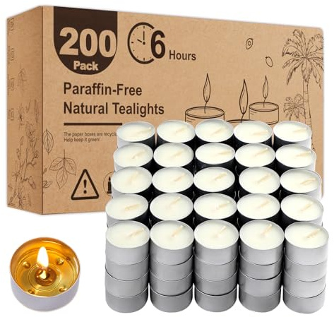 Unscented Tea Lights Candles 200 Pack,6 Hours Long Burning White Tea Candles Bulk,Non-Paraffin, Clean Burn, Smokeless, Palm Tealight Candles for Wedding,Centerpiece,Christmas Lights,Home Dceor