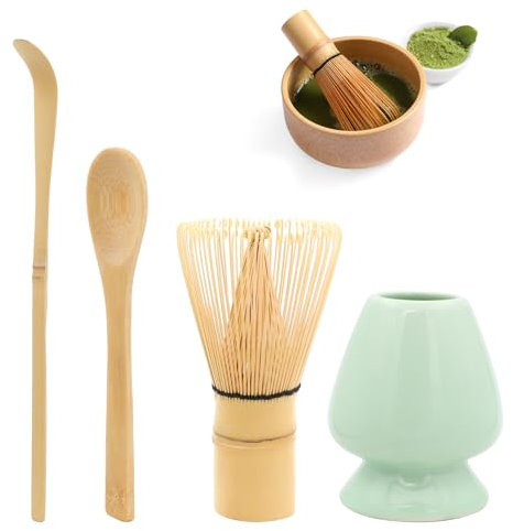 Matcha Besen Set - Inklusive Matcha Besen, Besenhalter, 2 Teelöffeln - Japanische Zubehör für die Matcha Zeremonie - Ideales Set zur Zubereitung