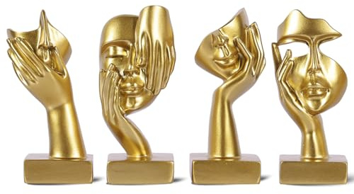 oliruim Set di 4 statuette dorate astratte, scultura moderna design per soggiorno, oggetti decorativi per casa, decorazioni libreria, statuette per scaffale, scrivania e tavolino (Oro)
