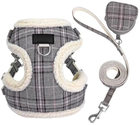 Beirui Hundegeschirr und Leine, mit Fleece gefüttert, weiches Plüsch, gepolstert, Welpengeschirr, verstellbar, niedliches Hundegeschirr für kleine Hunde, Grau, Größe S