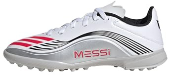 adidas Mixte Enfant F50 Messi League Turf Football Boots Kids Chaussures, Cloud White/Lucid Red/Silver Metallic, 28 EU