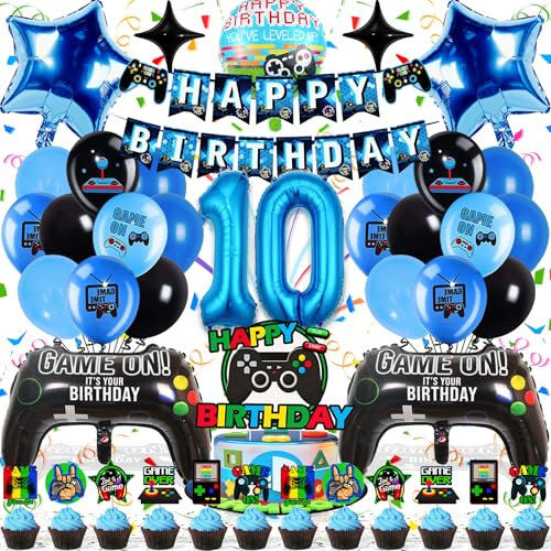 Zaztytoy Videospiel Geburtstag Deko 10 Jahre für Jungen - 44-Teilige Geburtstagsparty Ballon Set in Blau und Schwarz, Hochwertig & Umweltfreundlich, Einfach zu Montieren
