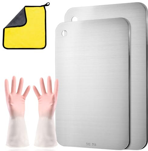 Set de Planches à Découper en Titane & Acier Inoxydable 316 – Planche Inox Cuisine Antibactérienne, Planche à Découper Titane Double Face, Sans BPA, Idéal Viande, Fruits, Légumes, Pain (29 x 20 cm)
