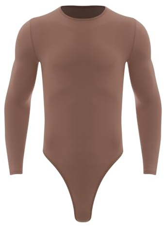 inlzdz Herren Bodysuit Langarm Shirt Stringbody Rundhals Unterhemd Einteiler Body Overalls Unterwäsche Slim Fit Männerbody Sport Training Kaffee L