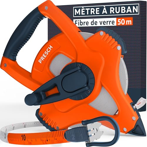 Presch Cinta Métrica 50 metros – Retorno rápido 3:1 – Flexómetro de fibra de vidrio resistente – Bloqueo de manivela para tensión perfecta – Sujeción segura con gancho multifunción
