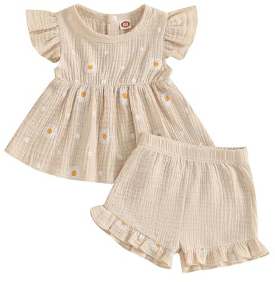 XIXIMAON Cute Baby Girls Summer Outfits Daisy Floral Print Flying Sleeve Ruffle Shirt Tank Tops Ruffle Elastic Shorts Set 2pcs Toddler Girl Cotton Linen Set (Khaki, 18-24 Months)