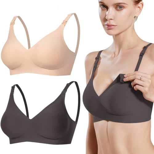 HUAXITRA Nursing Bras for Breastfeeding, Seamless Maternity Bras for Women Wireless Breastfeeding Bras, 2 Pack Pregnancy Bra Women Comfort Breast Feeding Pregnancy Sleep Bralette (Black+Beige
