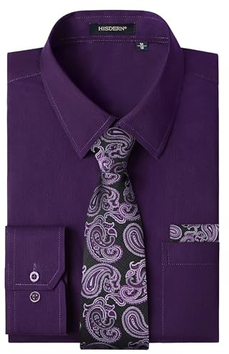 HISDERN Camicia Uomo Slim Fit Elegante Viola Camicie Uomo Manica Lunga con Cravatta Formale Business Matrimonio Casual con Tasca Classiche Regular S