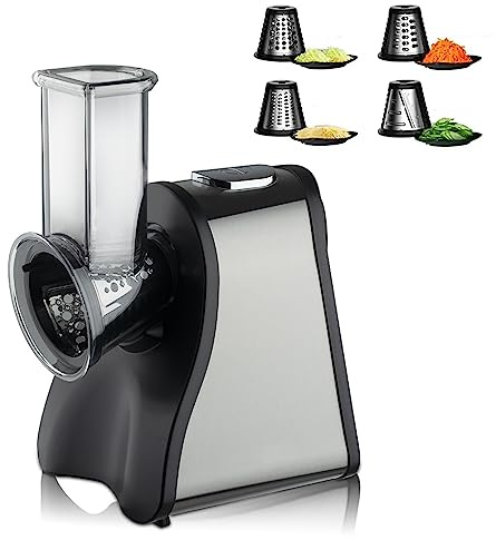 Elektrisk salladsmaskin och ostrivjärn, 200 W grönsaksstrimlare med 4 utbytbara blad, en knappkontroll, lätt att rengöra för ost, nötter, kakor, chips och frukt
