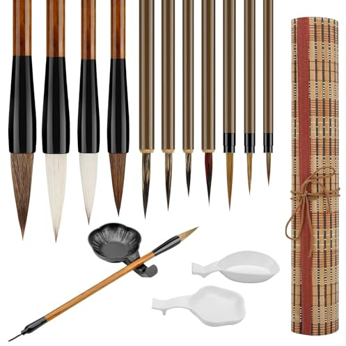 Linkstyle Chinesischer Kalligraphie Pinsel Set, 11 Feinspitzen Pinsel mit 3 Tusch or Wasserschalen für Sumi-e, Blumen & Vogelmalerei
