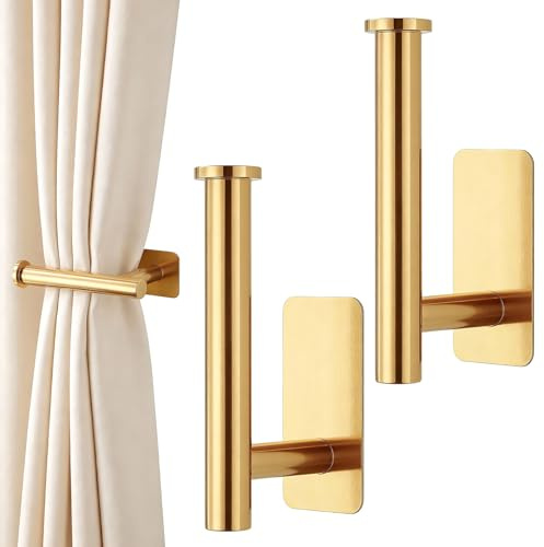 2pcs Gold Curtain Holdbacks, Self-adhesive Curtain Tie Backs, Wall-Mounted | stainless steel, L shaped curtain tie backs no drill, strong adhesive backing, resists daily wear, for living room bedroom