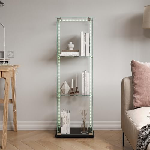 ZSSWSS Vitrine aus Glas mit LED, Ausstellungsvitrine mit 3 Glasablagen, moderne Vitrine für Wohnzimmer mit 1 Tür und Schloss, Vitrine für Sammler (Schwarz, 3 Etagen 1 Tür+LED-B)
