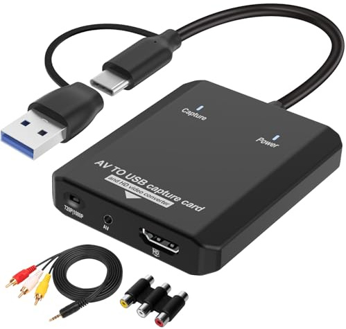 Convertitore da VHS a digitale, adattatore da RCA a HDMI, scheda di acquisizione video USB, adattatore da analogico a digitale, adatto per VCR/DVD/AV/PS2/WII, salva/convertire vecchi video