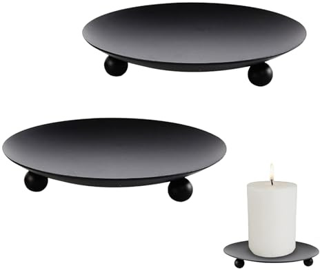 2 Pack Pillar Candle Holders, Black Metal Candle Plates and Trays, Iron Candle Dish Stand for LED Candles, Round Decorative Centerpiece for Wedding Party Table (Black)