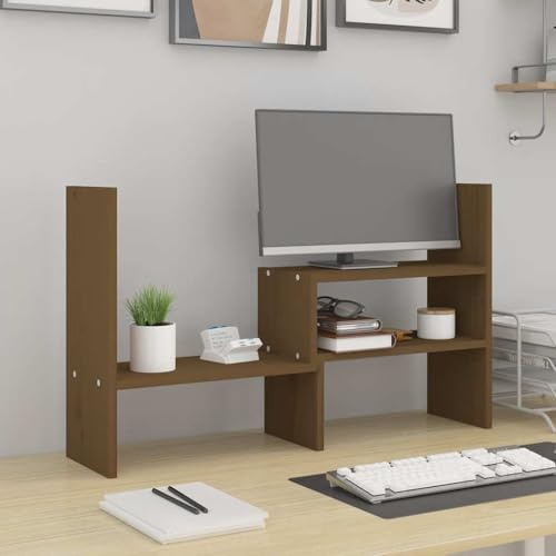 Monitorställ honungsbrunt av massiv furu justerbar höjd 39–72 x 17 x 43 cm med förvaringsutrymme ergonomiskt för dator, PC, bärbar dator, bärbar dator, kontor och hemmakontor