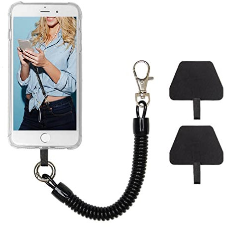 SIOPPKIK Cadena de Teléfono Móvil Cable Espiral Flexible, Llavero Universal con Cordón Compatible con iPhone/Samsung/Huawei (2 Insertos, Negro)