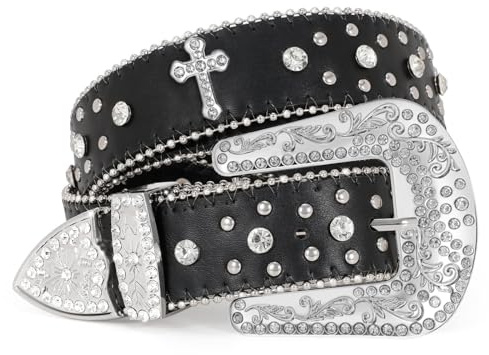 SUOSDEY Rhinestone & Leather Studded Dress Belt - Bling Western Cowboy/Cowgirl Cross Black