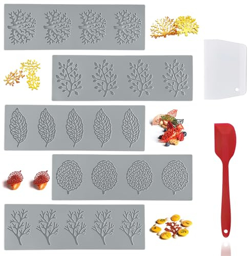 7Pcs Leaf Silicone Fondant Molds with Dough Scraper Silicone Spatula, 3D Coral Branch Leaf Chocolate Molds, DIY Baking, Sugar Craft, Wax, Gum Paste, Cupcakes, Clay