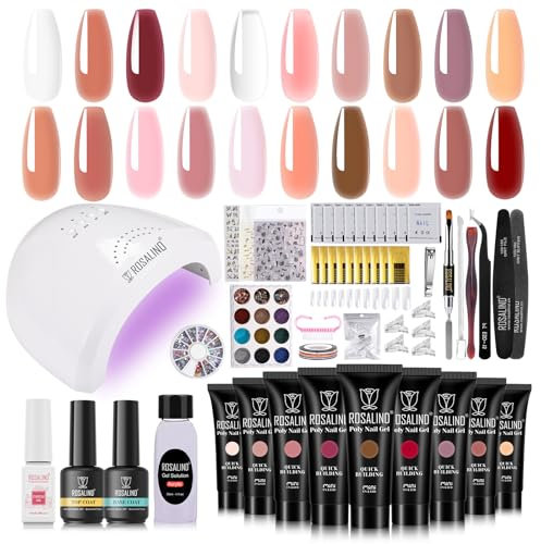 ROSALIND Kit Uñas de Gel 48W UV Lámpara Con 20 Colores, Set Completo de Extensión Con Base Top Coat/Solución Deslizante, Kit Principiante Poligel Con Decoración/Cepillo
