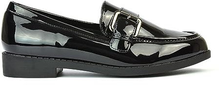 Womens Black Patent Slip On Loafers Ladies Flat Low Heel Close Toe Buckle Casual Office Work School Pumps Shoes Size 5