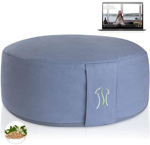BACKLAXX ® Yoga Kissen, Meditationskissen XL 35cm [30% mehr Sitzfläche], 15cm hoch mit Buchweizenfüllung, perfektes Meditation Zubehör, Yogakissen rund inkl. Videokurs - Pouf Sitzkissen Boden