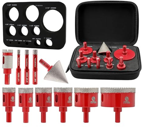FOCSTOL Juego de Brocas Diamante - 11 piezas (6/8/10/25/28/32/35/45/65mm+20mm Broca Fresa+50mm Broca Chaflán Biselado) Sierra Perforadora para Porcelanico Cerámica Mármol Granito