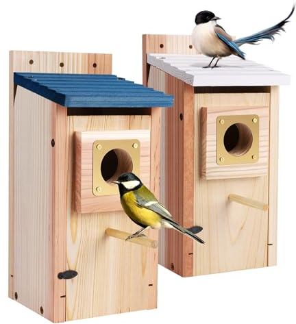 Bird Houses for Outside 2Pack with Copper Guard,Thicken Wooden Bluebird House Clearance Garden Country Cottages, Nesting Box for Finch Swallow Wren Chickadee Wild Bird Supplies, Easy to Assemble