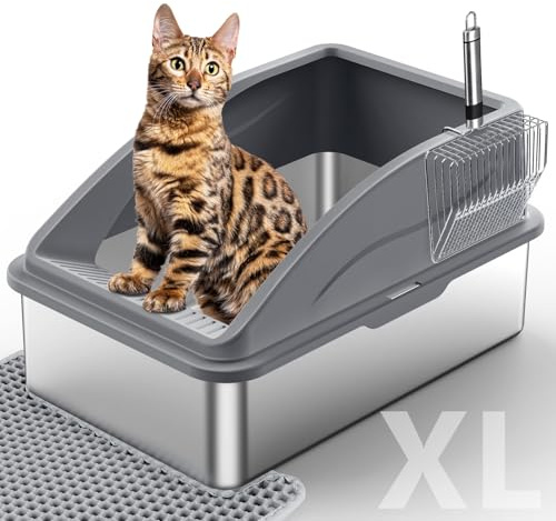 Stainless Steel Litter Box, Extra Large Litter Boxes for Big Cats, XL Metal Cat Litter Box with Lid, Anti-Urine Leakage, Non-Sticky, Include Cat Mat and Litter Scoop