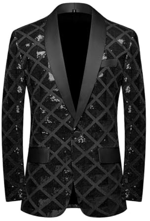CARFFIV Men Sequin Shiny Stereoscopic Pattern Prom Suit Jacket One Button and Blazers Tuxedo for Wedding Banquet,Black,M