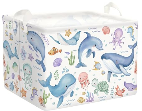 HUUMONSS Grande Cesta Porta Biancheria Animali Marini Pieghevole Cestini Portaoggetti Giocattoli/Vestiti per Genitore Cesta Indumenti Sporchi per Bagno, Balene Blu, 36L