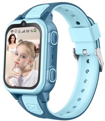 Smartwatch Kinder GPS mit 4G WLAN Uhr Telefon Kindersicherung Videoanrufen Wasserdicht SOS SMS Klassenzimmermodus Ablehnen Unbekannter Anrufe Wecker Musik Video-Player für Jungen Mädchen (Blau)