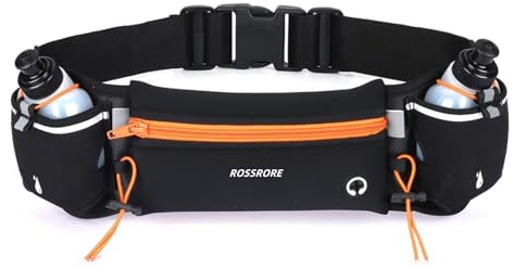 ROSSRORE Running Belt with Bottle Holde for Men Trail Running | Orange Running bag with BPA-free Water Bottles no-bounce design Machine washable with SBS zippers fits 29-42 hips