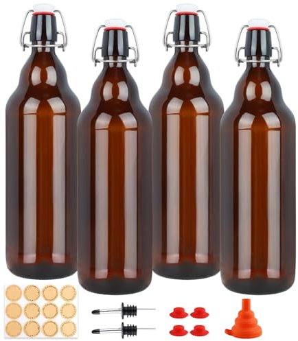HWASHIN Botellas de vidrio ámbar de 32 onzas, paquete de 4 botellas con tapa abatible con tapón hermético para elaboración casera, kombucha, cerveza, kéfir, bebidas
